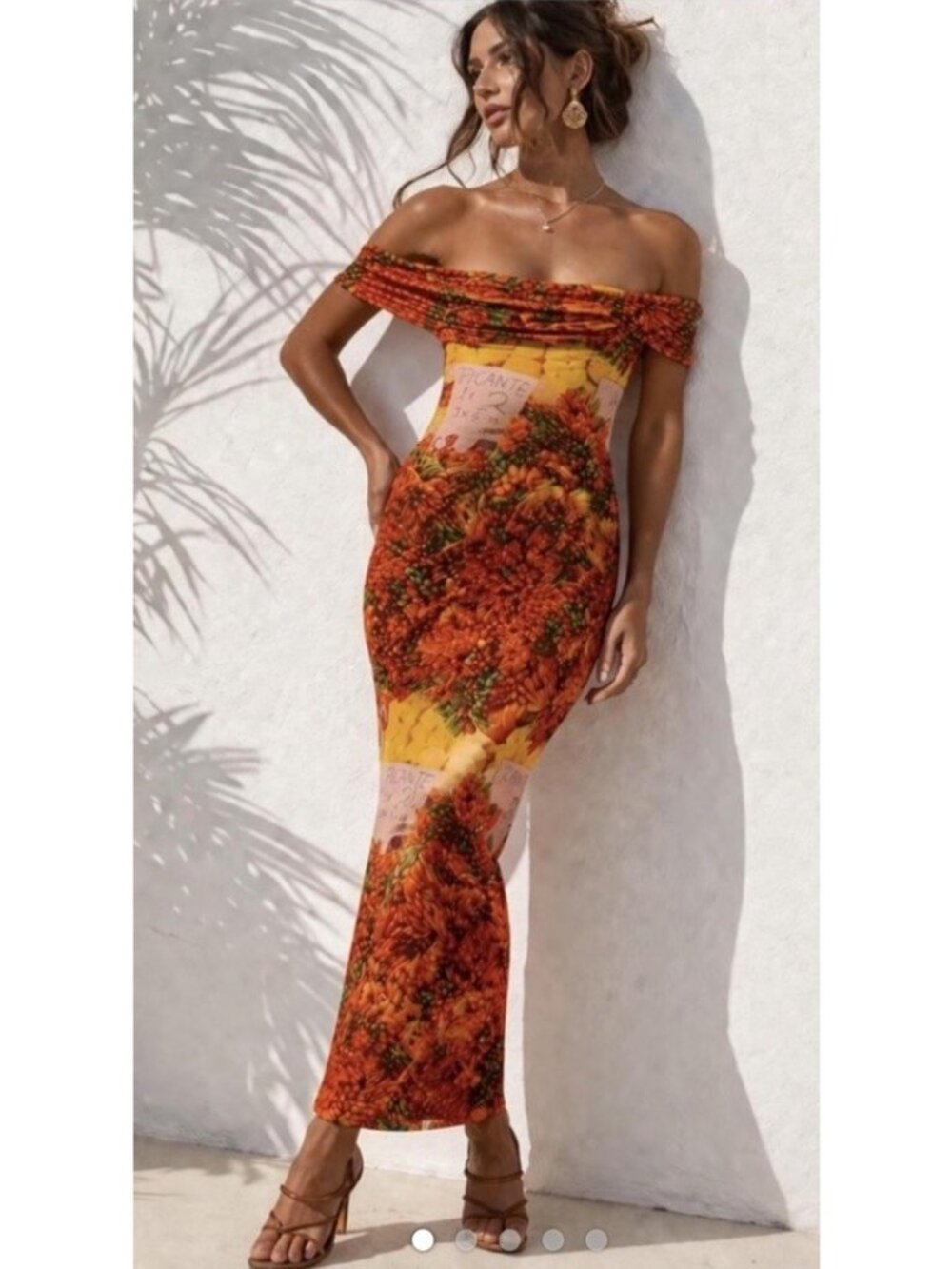 ZARA Chili Pepper Market Print Dress Lined Mesh Bodycon Fiesta Stretch Y2K Sz L